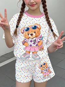 女童休閒極簡可愛卡通熊圖案，彩色波點印花，甜美奶油風，度假風，短袖短褲兩件套，適合夏季，圖案設計，舒適，女孩套裝，Y2K，Kawaii - 彩色 - 查看 2