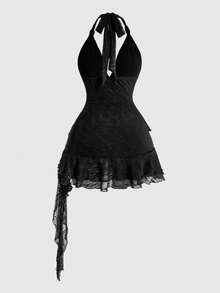 ROMWE Avant Plus Size Women's Metal Decor Ruffle Halter Tie Sexy Dress - Black - View 3