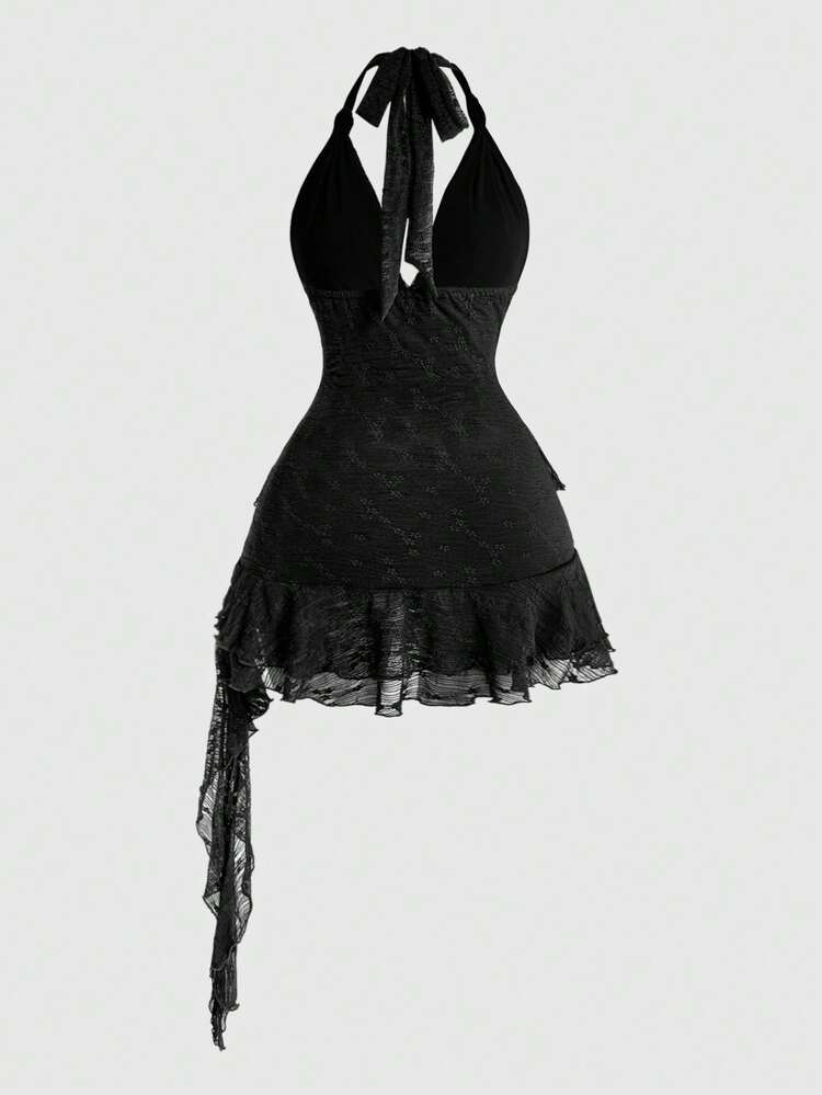 ROMWE Avant Plus Size Women's Metal Decor Ruffle Halter Tie Sexy Dress - Black - View 3