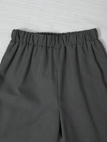 SHEIN 青少年女孩春/秋季可愛深V領無袖繫帶夾克白色襯衫寬腿直筒褲三件套灰色教師節校園風 - 灰色 - 查看 5