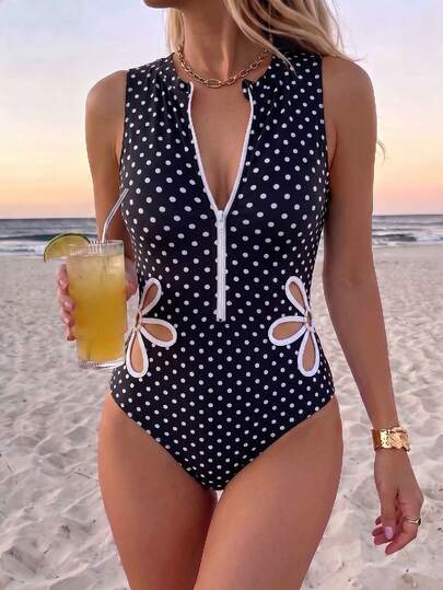 Swim SPRTYY Summer Beach Women's Black Half-Zip One-Piece Swimsuit With Lace Petals.