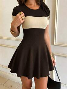 Elenzga Women's Round Neck Colorblock Casual Daily Short Dress - Brown - View 2