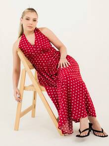Ximena Robles Ximena Robles Women Summer Casual Holiday Polka Dot Print Halter Backless Dress Vacation Party Elegant - Red and White - View 4