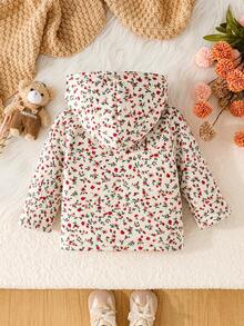 SHEIN Playful Pals جاكيت بقلنسوة من الصوف الناعم بنقشة زهور ريترو للبنات الصغيرات، للارتداء اليومي الكاجوال في فصل الخريف - لون مشمشي - مشاهدة 3