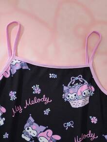 HELLO KITTY AND FRIENDS | SHEIN Tween Girl Cartoon Print Spaghetti Strap Dress - Black - View 4