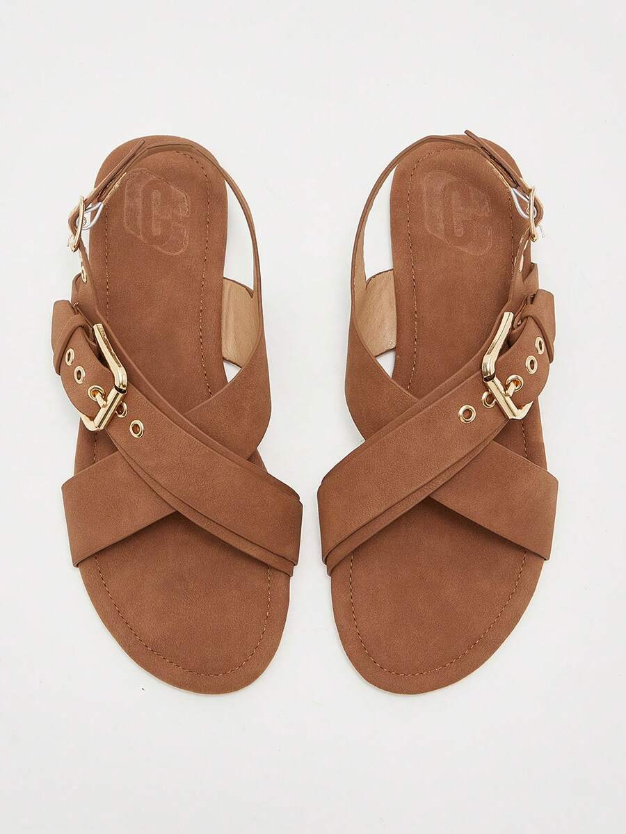 CUCCOO BIZCHIC 女款休閒時尚度假風扣飾交叉帶露趾素色平底涼鞋 - 咖啡棕 - 查看 1
