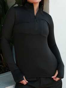 Nelanie Turli Half-Zip Thumb Hole Sportswear Long Sleeve Sweatshirt Black Zip Up Fall  Sweatshirts - Black - View 5