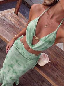 SHEIN Swim 金屬海星裝飾時尚優雅掛脖綁帶比基尼兩件式泳衣套裝附裙襬，適合海灘度假 - 彩色 - 查看 1