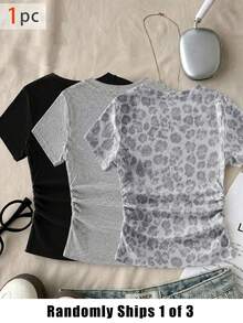 SHEIN 3款女款時尚休閒簡約純色紫色灰色豹紋基礎款抽褶腰短袖T恤隨機1件 - 彩色 - 查看 2
