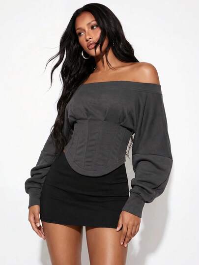 Normani Women's Solid Color Off-Shoulder Casual Versatile Daily Wear Long Sleeve Sweatshirt
