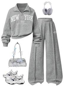 SHEIN Sparklyn 青少年女孩返校休閒校園日常字母印花運動衫 春/秋/冬 -件，加厚抓絨內裡 - 灰色 - 查看 1