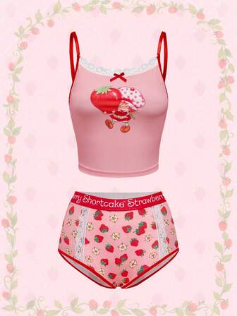 Set di biancheria intima composto da reggiseno e mutandine senza fili con stampa a fragola, pizzo a contrasto, Kawaii