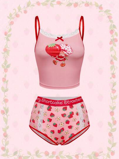 Strawberry Shortcake | ROMWE 草莓印花无钢圈撞色蕾丝内衣文胸和内裤套装，可爱