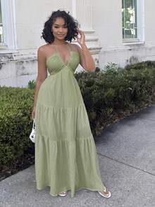 Alexandranx Women's Romantic Floral Printed Beach Vacation Halter V-Neck Pleated Backless A-Line Dress For Summer Hawaii,Pastel Dresses For Women Party Elegant - Green - View 2