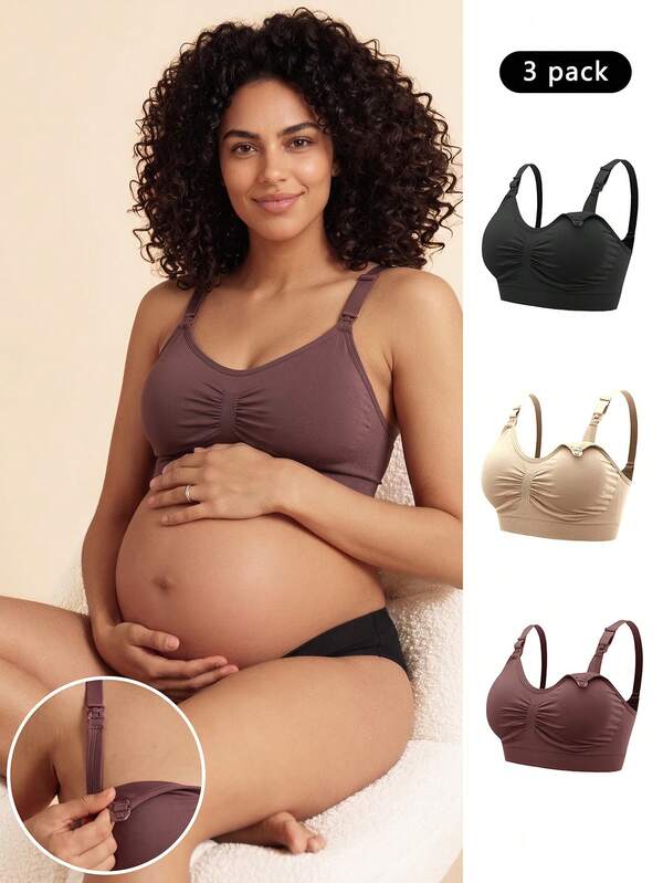 SHEIN 2026 Hot Selling Women's Fashionable & Comfortable Minimalist Solid Color High Quality Seamless Maternity & Nursing Bra 3 Pieces Set