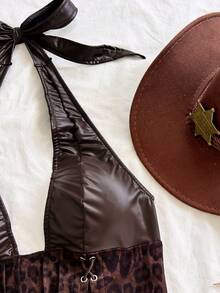 Soleia Western Cowboy Style Leopard Print Faux Leather Top - Coffee Brown - View 5