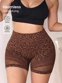 SHEIN Rhythm Era Women's Plus Size Seamless Coffee Brown Leopard Print Mesh Sports Shorts - Multicolor - View 6