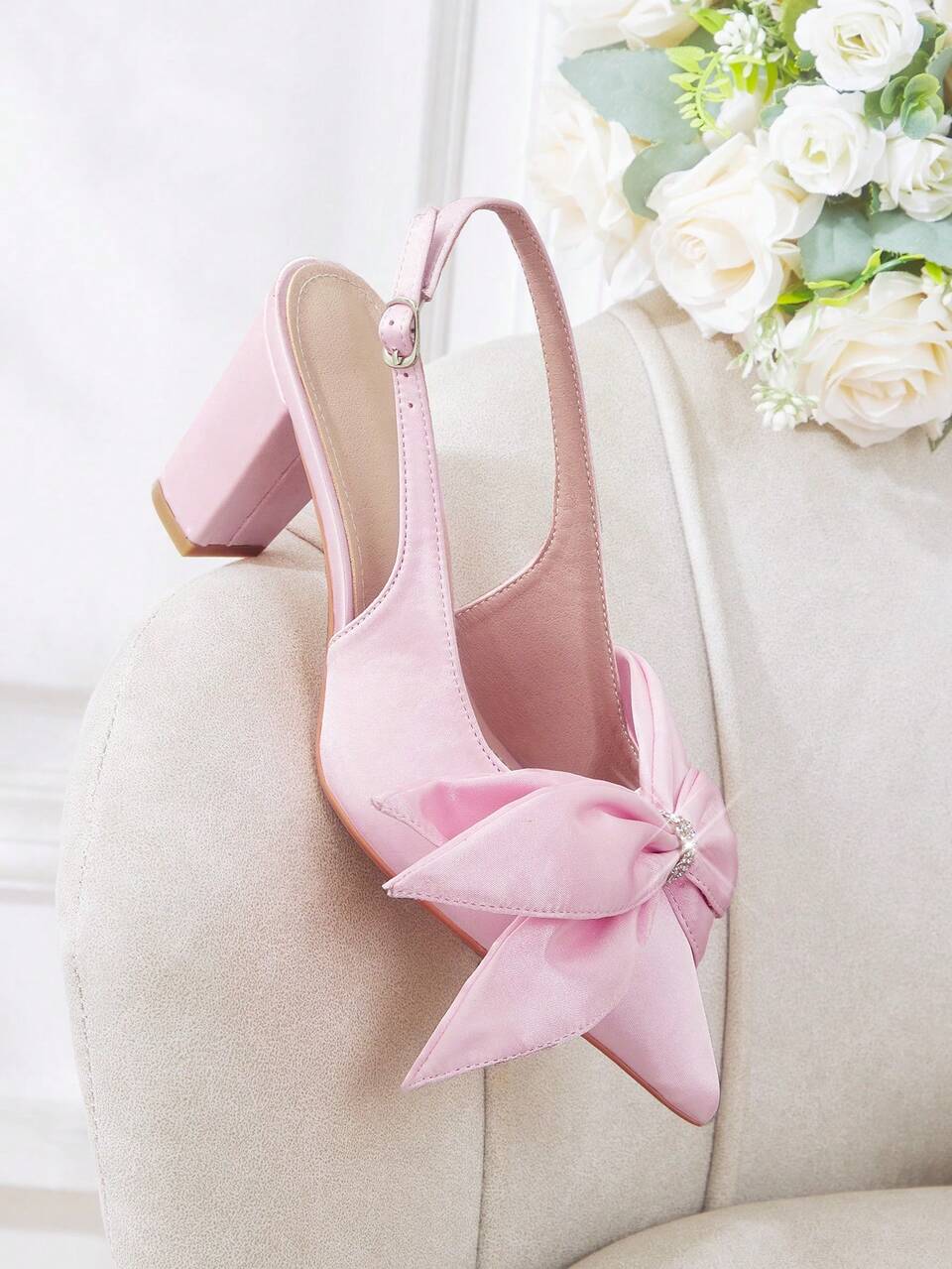 CUCCOO HITCHD Ladies Pink Satin Bow Rhinestone Thick Heel Sandals, Elegant Pointed Back Strap High Heels, Buckle Strap Square Heels, Bridal Shoes For Weddings, Part Fall Shoes