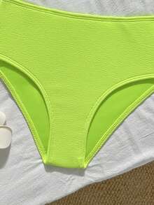 SHEIN 女童兩件式比基尼套裝，螢光綠抓皺紋理布料掛脖上衣，中腰三角泳褲，低彈性親膚海灘度假泳裝，時尚休閒精緻，適合游泳、夏季假期、海灘、海邊、泳池、夏季度假派對、休閒度假 - 黃色 - 查看 6