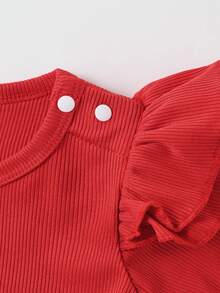 SHEIN Vintaside Kids 2件組嬰兒男童女童中性款 0-3歲幼兒春秋紅色甜美風花卉刺繡牛仔長褲，圓領長袖套頭上衣搭配牛仔吊帶褲套裝，適合外出、購物與休閒穿著 - 紅色 - 查看 8