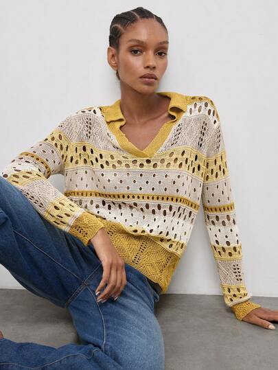 Maija Top de punto de manga larga con diseño calado y contraste de color para mujer, ropa de moda para vacaciones, atuendos para salir, atuendos de trabajo para mujer, ropa de otoño