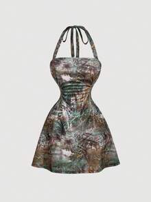 SHEIN MOD 波點圖案女款掛脖短洋裝 - 墨綠色 - 查看 1
