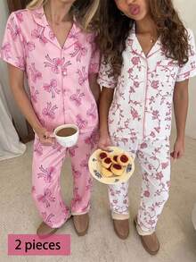青少年女孩粉色蝴蝶結舒適短袖長版開襟翻領居家服套裝，慵懶俏皮居家穿搭，送給青少年女孩的完美禮物 - 粉色 - 查看 11