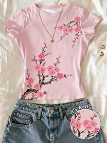 SHEIN Kaos Slim Fit Motif Bunga Plum Digital - Berwarna merah muda - View 3