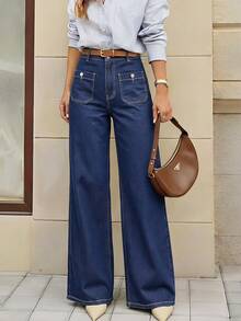 Selenza Women's Casual Versatile Everyday Denim Jeans With Pockets And Buttons Office Dark Blue Summer - Blue - View 1