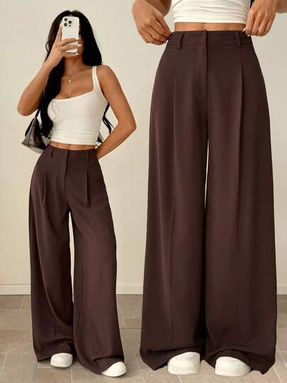 SHEIN PETITE بنطال طويل واسع الساق بلون سادة بني داكن للنساء، متعدد الاستخدامات للتنقل والعمل والبرانش، كاجوال أنيق للخريف، مناسب ليوم المعلم
