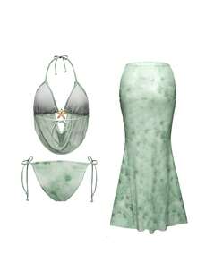 SHEIN Swim 金屬海星裝飾時尚優雅掛脖綁帶比基尼兩件式泳衣套裝附裙襬，適合海灘度假 - 彩色 - 查看 2