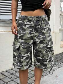 SHEIN ICON Women's Fashion Street Camouflage Print Button Cargo Denim Shorts - Multicolor - View 4