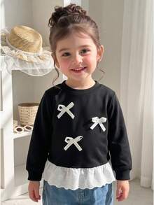 SHEIN Baby Girl Fashion Embroidered Lace Hem Print Sweatshirt Back-To-School Evening City Break Black And White Autumn Cute Fairy - Black - View 7