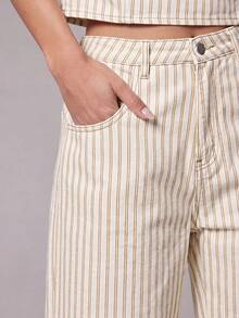 Hauture Women's Casual Striped Button Pocket Jeans For Daily Wear - Apricot - View 2