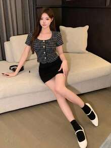 DAZY 夏秋款黑白格紋方領短袖女式襯衫，適合派對、婚禮、返校 Y2K 風格 - 黑色 - 查看 2