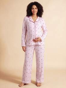 SHEIN 2pcs Striped Heart Print Lapel Long Sleeve Top And Pants Maternity Pajama Set, Winter - Multicolor - View 3
