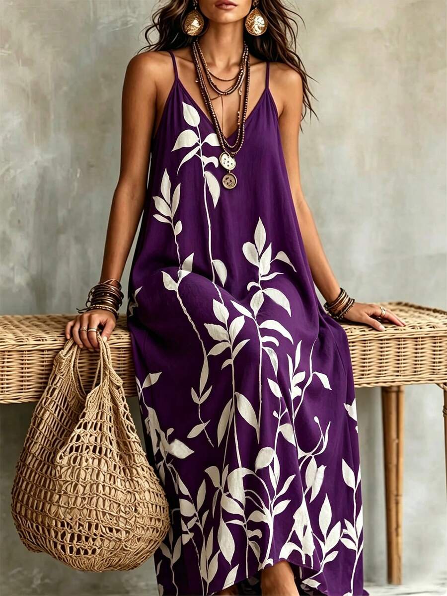 SHEIN LUNE CURVE Women's Plus Size Deep V-Neck Spaghetti Strap Maxi Dress, Purple Botanical Print, Loose Fit, Slimming, Vacation, Casual Boho, Spring/Summer New - Multicolor - View 1