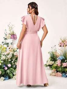 Allurite Plus Size Romantic Elegant Wedding Solid Color Cross V-Neck Tie Side Ruffle Sleeve Dress - Pink - View 2