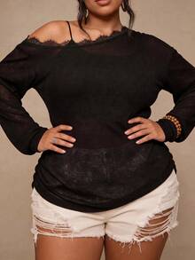 SHEIN CURVE+ Großes lässiges asymmetrisches Schulter-Spitzen-Strick-Top, vielseitiges T-Shirt für Herbst und Winter - Schwarz - Übersicht 6