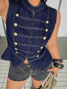 Jeanoix Plus Size Denim Military Style Sleeveless Jacket Rave Navy Blue Summer 1950s Vintage 2000s - Blue - View 8