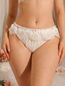 DelicateAllure 女款蕾絲拼接甜美 3D 蝴蝶結裝飾三角內褲 - 白色 - 查看 4