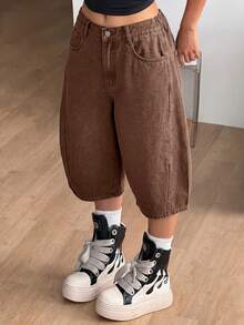 Coolane Women's Casual Coffee Brown Panel Seam Baggy Mid Calf Shorts Elastic Back Waist Wide Leg Streetwear Capri Pants Summer Halloween Y2K Day Drinking - Brown - View 4
