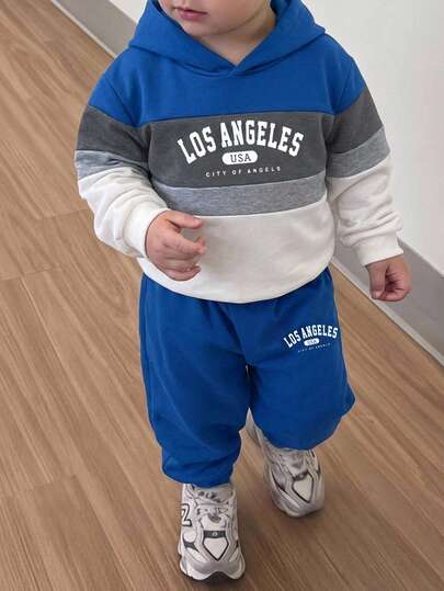 SHEIN 2pcs Young BOY European And American Street Casual Daily Letter Loose Side Pocket Colorblock Hoodie And Sweatpants, Suitable For Outdoor, Daily Wear And School
