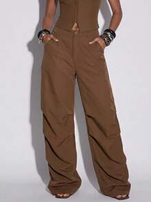 Normani Pantalon long décontracté polyvalent pour femme avec boutons, poches et plis - Tabac - Voir 4