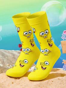 SpongeBob SquarePants | SHEIN 1雙女款卡通角色與字母圖案拼色中筒襪 - 黃色 - 查看 6