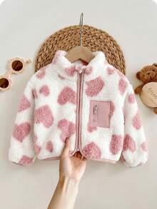 SHEIN Babygirl Cute Autumn/Winter Heart Pattern Fluffy Stand Collar Jacket - Pink - View 5