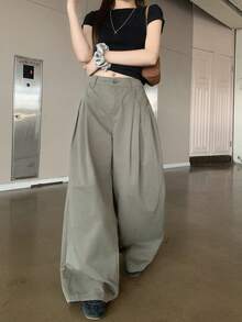 DAZY Women's Casual Loose Wide Leg Curved Hem Jeans - Army Green - View 1