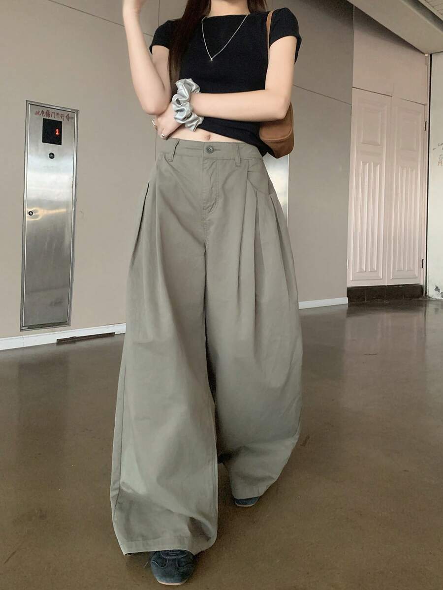 DAZY Women's Casual Loose Wide Leg Curved Hem Jeans - Army Green - View 1