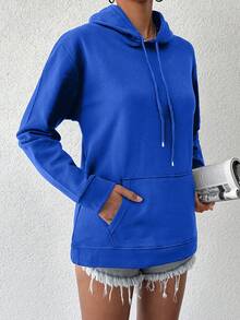 EURMUSE Women's Solid Color Drawstring Hoodie - Royal Blue - View 3