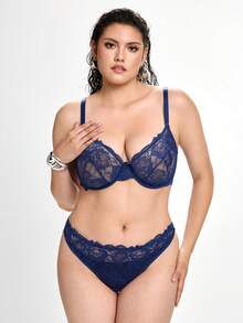 Slumbrini 1 Set Women Plus Size Solid Color Lace Underwire Bra & Panty Set, Lift - Navy Blue - View 3